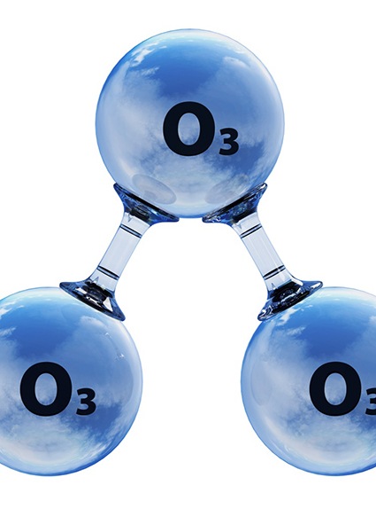 Diagram showing blue ozone molecule against white background