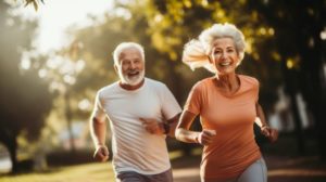 Smiling senior couple jogging outdoors
