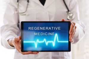 Doctor holding tablet that says, “regenerative medicine”